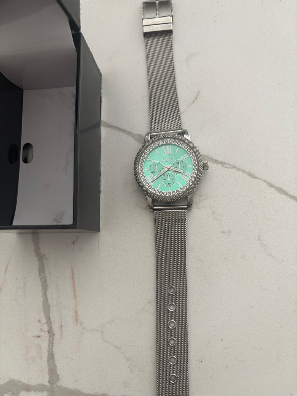 XOXO Silver Mesh Watch with Mint Green Dial and Crystal Bezel